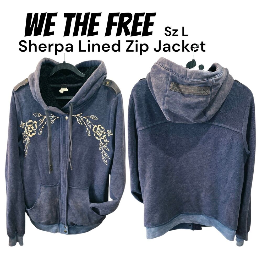 We The Free Sz L Sherpa Lined Hooded Cozy Boho Slouchy Distressed Sweater Jacket